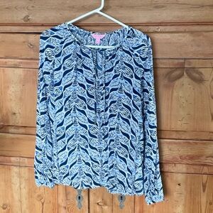 Lilly Pulitzer Navy and White Leaf-Print Peasant Blouse
